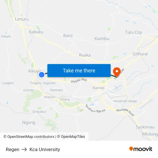 Regen to Kca University map