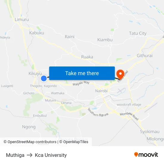 Muthiga to Kca University map