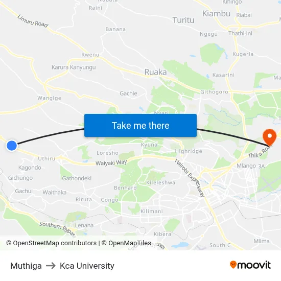 Muthiga to Kca University map
