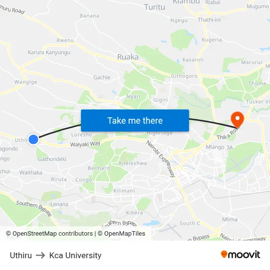 Uthiru to Kca University map