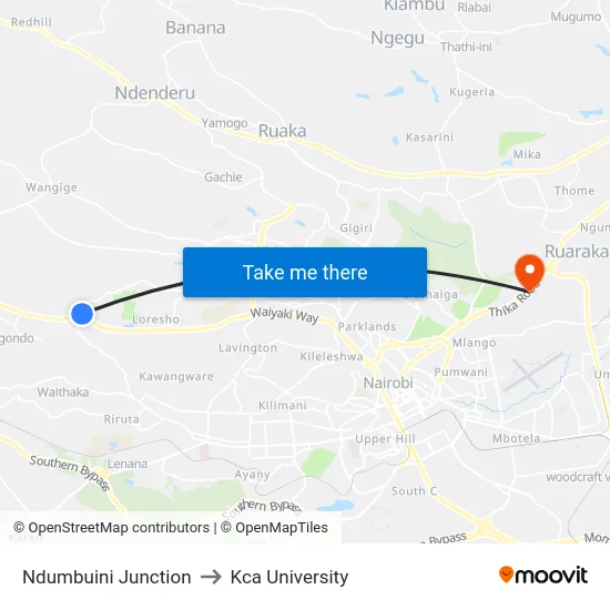 Ndumbuini Junction to Kca University map