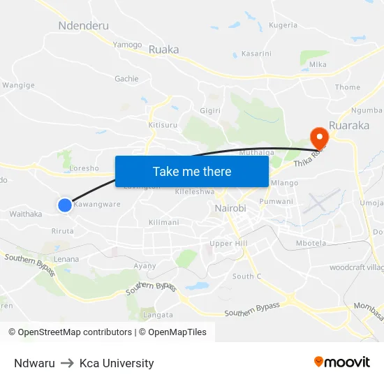 Ndwaru to Kca University map