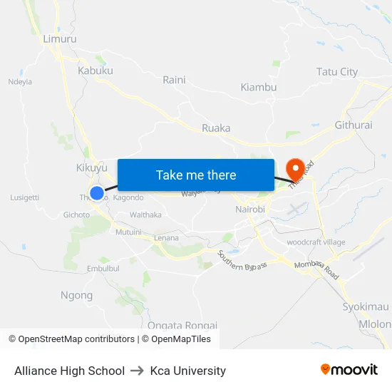 Alliance High School to Kca University map