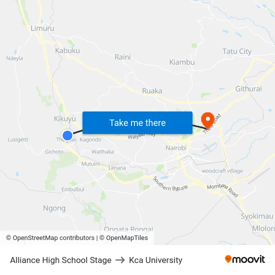 Alliance High School Stage to Kca University map