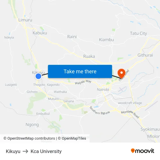 Kikuyu to Kca University map