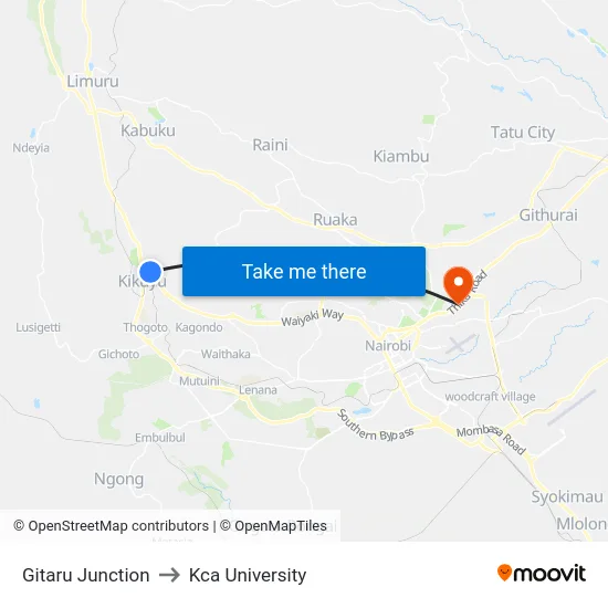 Gitaru Junction to Kca University map