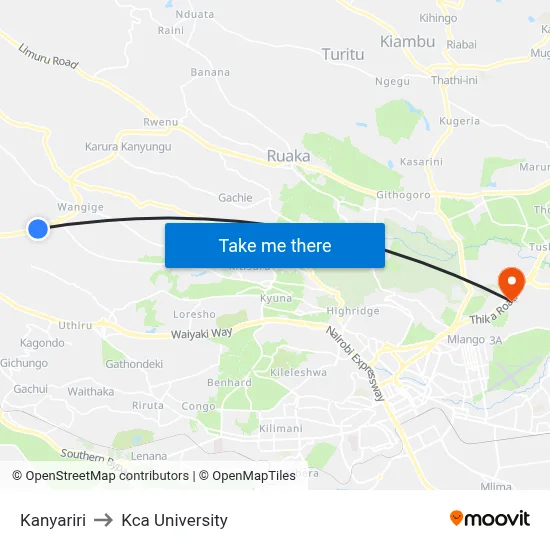 Kanyariri to Kca University map