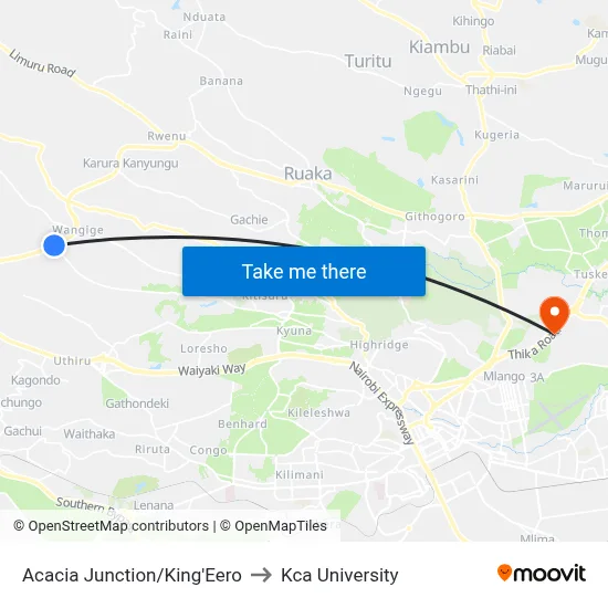 Acacia Junction/King'Eero to Kca University map