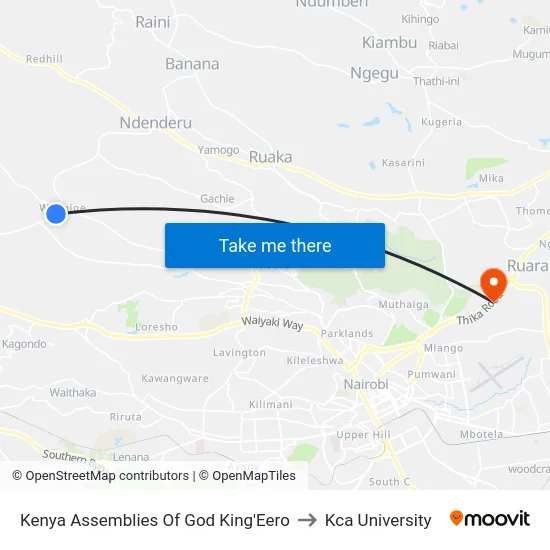 Kenya Assemblies Of God King'Eero to Kca University map