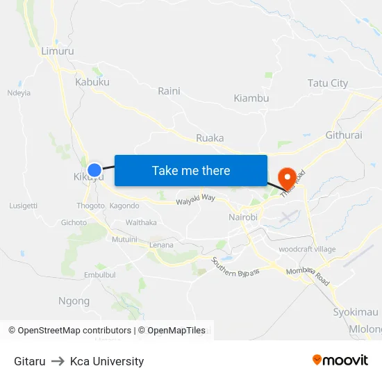 Gitaru to Kca University map