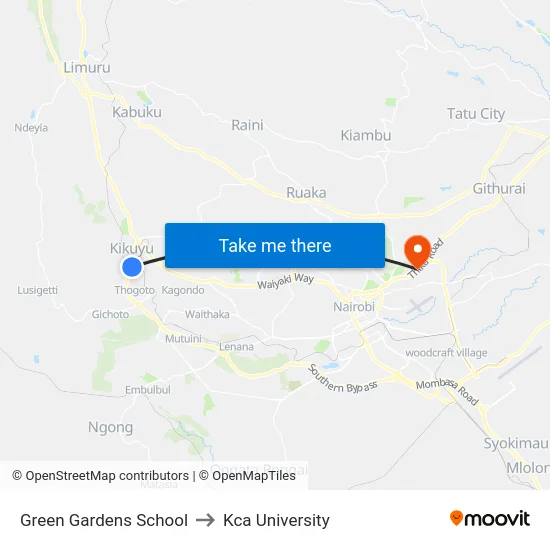 Green Gardens School to Kca University map
