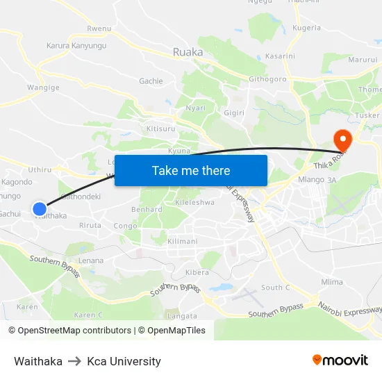 Waithaka to Kca University map