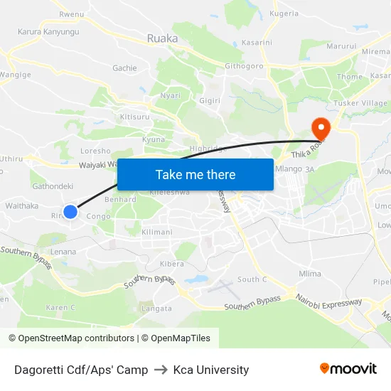 Dagoretti Cdf/Aps' Camp to Kca University map