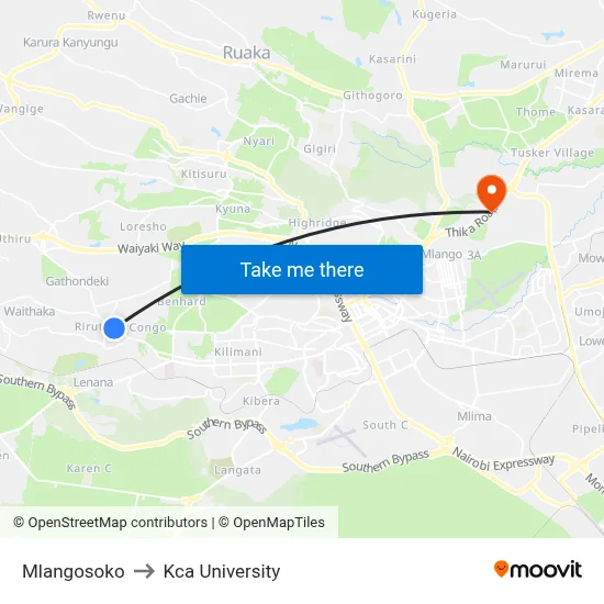Mlangosoko to Kca University map