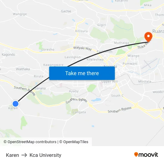 Karen to Kca University map
