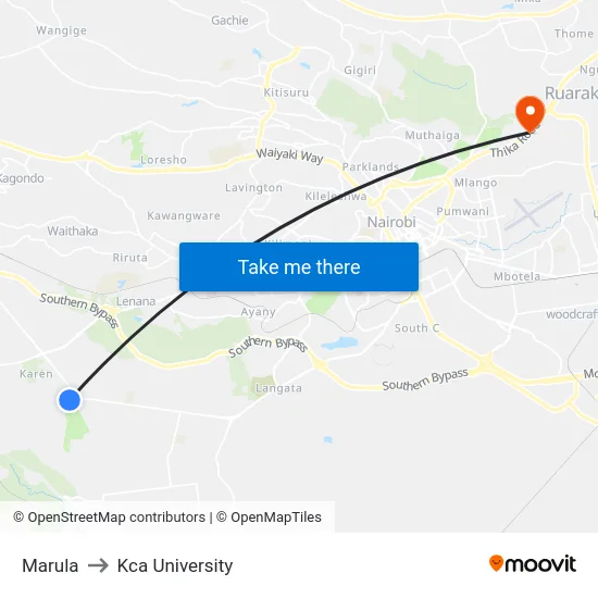 Marula to Kca University map