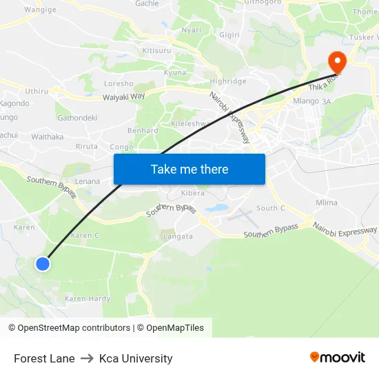 Forest Lane to Kca University map