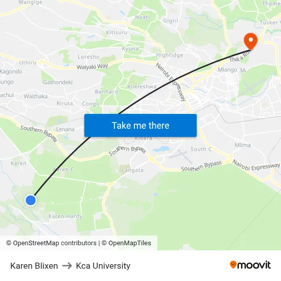 Karen Blixen to Kca University map