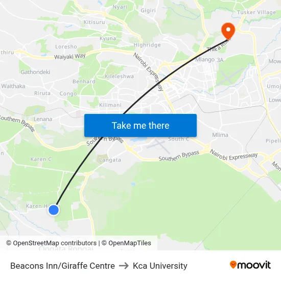 Beacons Inn/Giraffe Centre to Kca University map