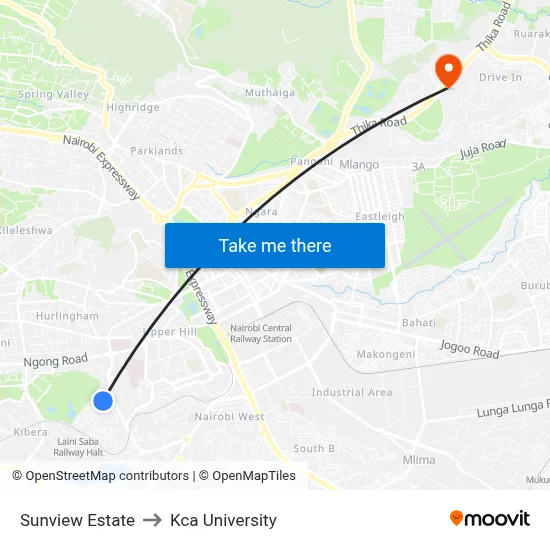 Sunview Estate to Kca University map