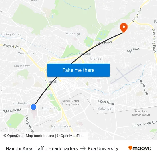 Nairobi Area Traffic Headquarters to Kca University map