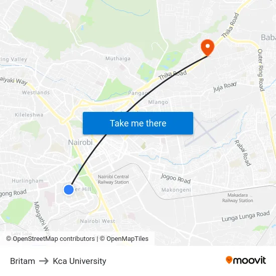 Britam to Kca University map