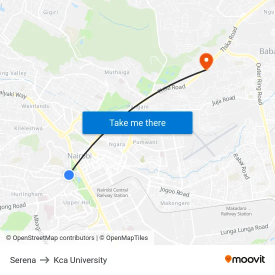 Serena to Kca University map