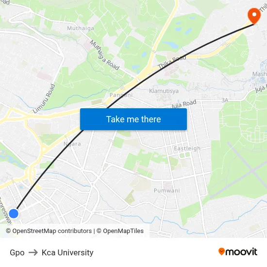 Gpo to Kca University map