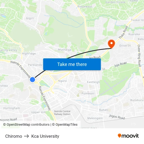 Chiromo to Kca University map