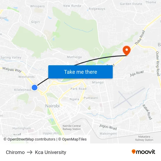 Chiromo to Kca University map