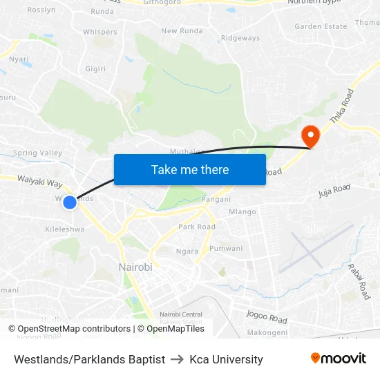Westlands/Parklands Baptist to Kca University map
