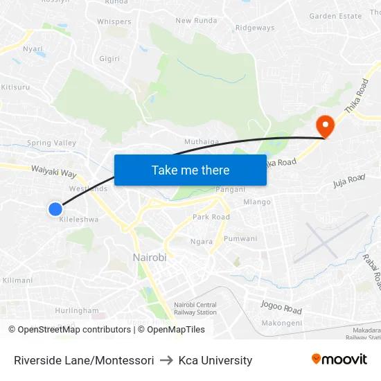 Riverside Lane/Montessori to Kca University map