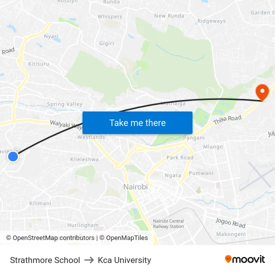 Strathmore School to Kca University map