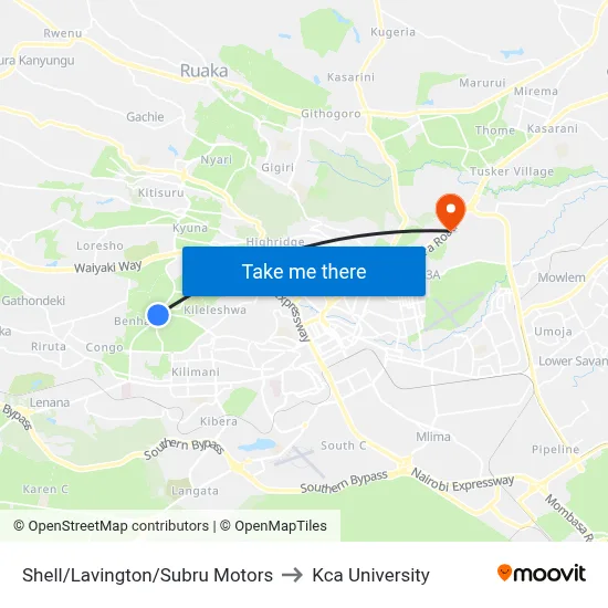 Shell/Lavington/Subru Motors to Kca University map