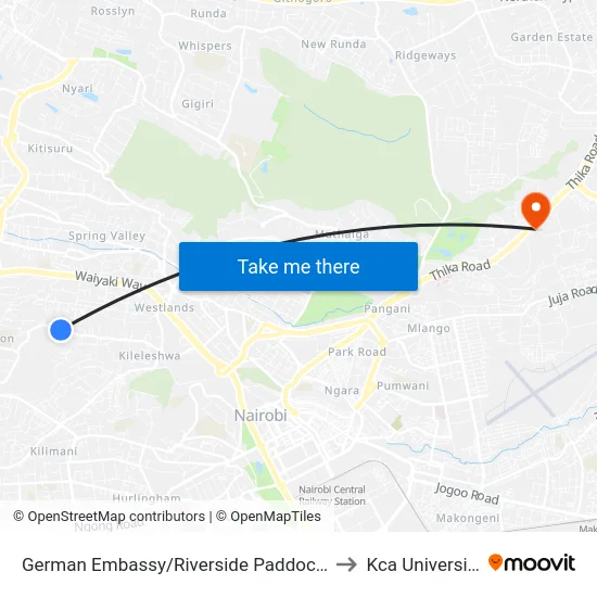 German Embassy/Riverside Paddocks to Kca University map