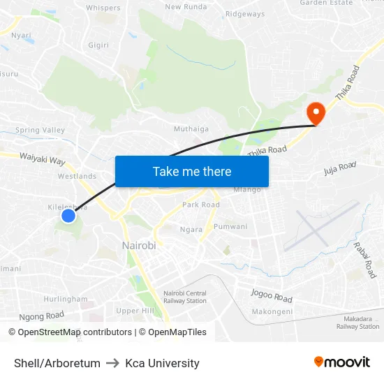 Shell/Arboretum to Kca University map
