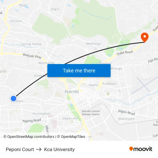 Peponi Court to Kca University map