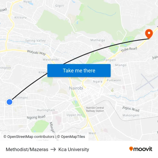 Methodist/Mazeras to Kca University map
