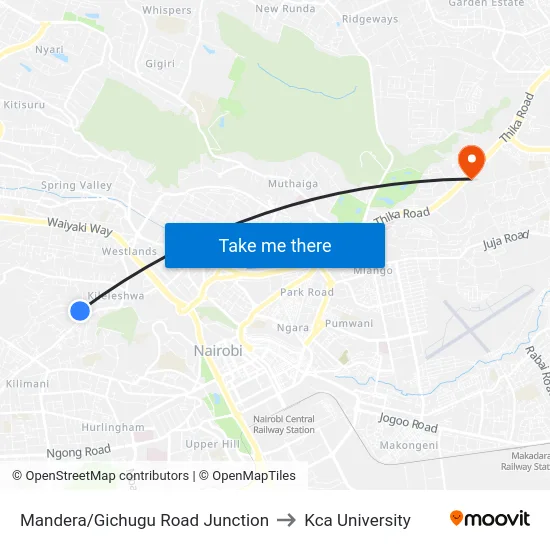 Mandera/Gichugu Road Junction to Kca University map