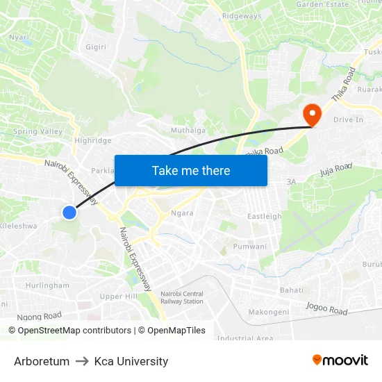 Arboretum to Kca University map