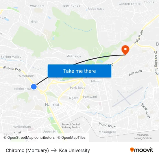Chiromo (Mortuary) to Kca University map
