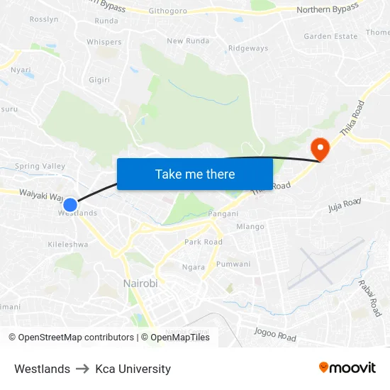 Westlands to Kca University map