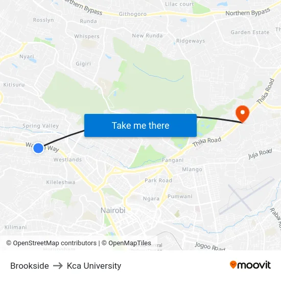 Brookside to Kca University map