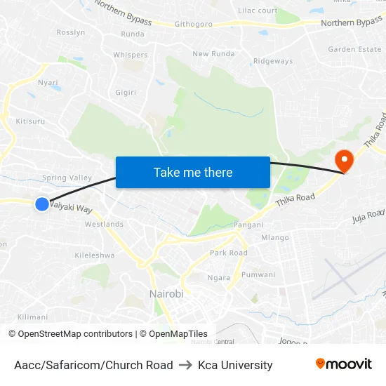 Aacc/Safaricom/Church Road to Kca University map