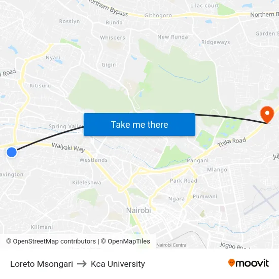Loreto Msongari to Kca University map