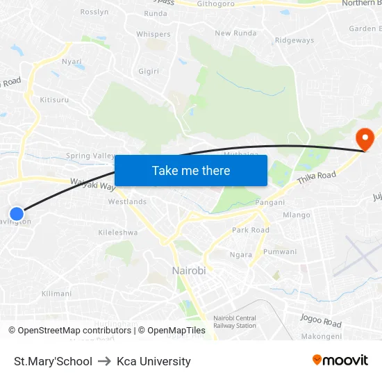 St.Mary'School to Kca University map