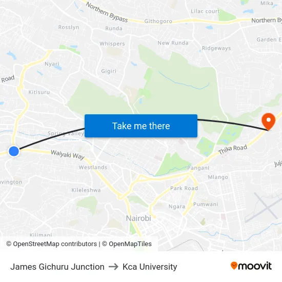 James Gichuru Junction to Kca University map