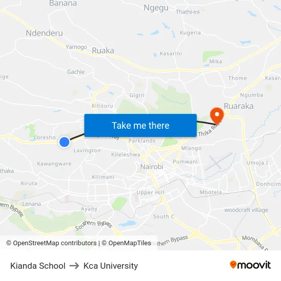Kianda School to Kca University map