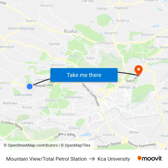 Mountain View/Total Petrol Station to Kca University map