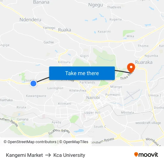 Kangemi Market to Kca University map